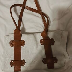 Leather Accent White Tote Bag with Brown Straps